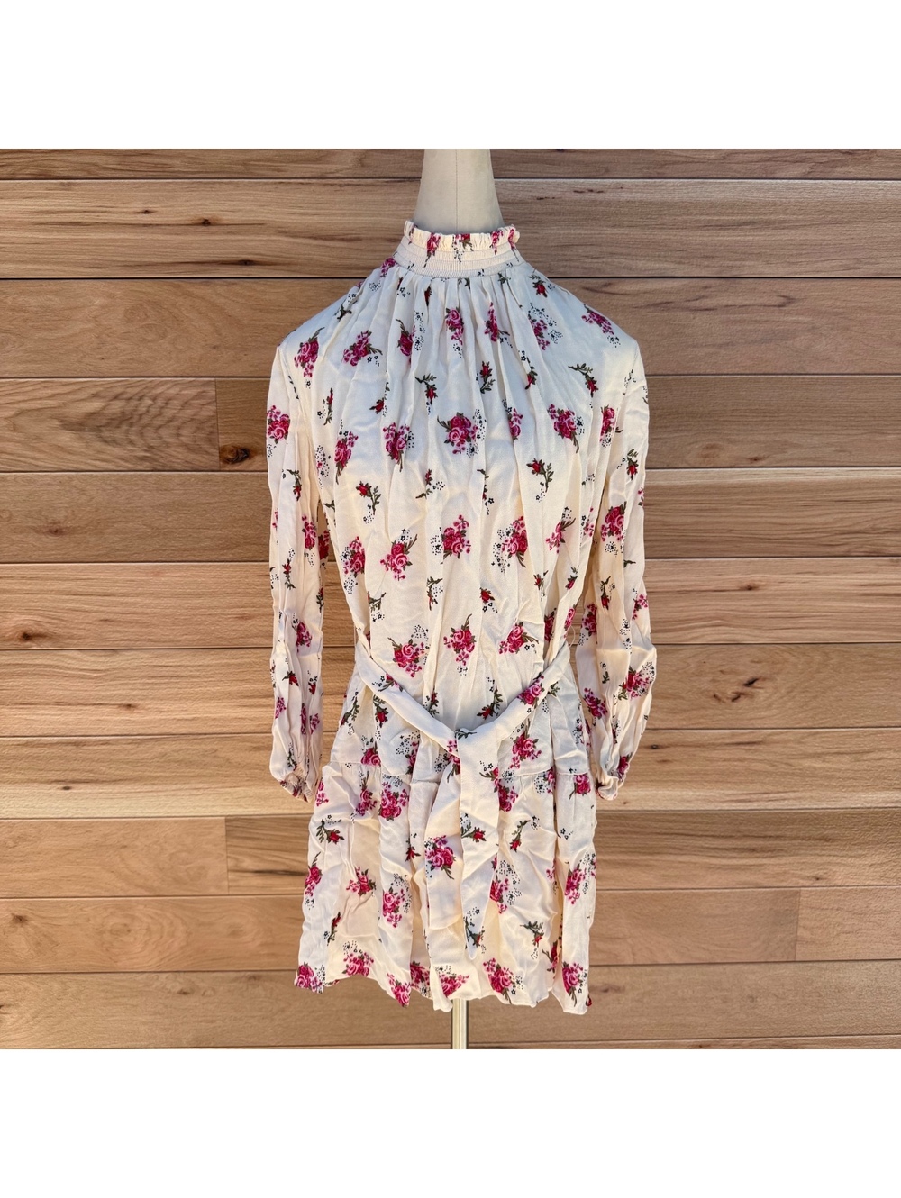maje Floral Print High Neck Mini Dress in Ecru and Rose